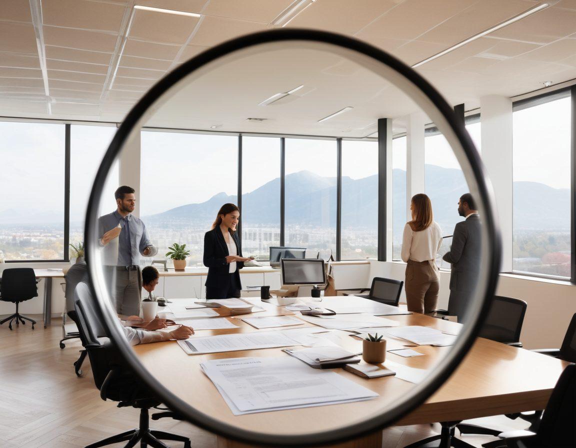 A serene scene depicting a diverse group of individuals calmly interacting in a bright office space, with a large magnifying glass highlighting a detailed background check report in the foreground. Trust symbols like locks or shields subtly integrated into the design. The atmosphere is filled with positivity and reassurance, symbolizing peace of mind and security. Soft natural lighting enhances the welcoming vibe. vibrant colors. super-realistic.