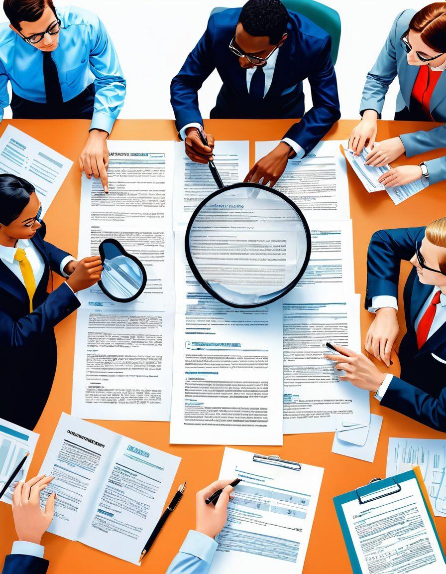 A collage displaying a diverse group of professionals in an office setting, with magnifying glasses emphasizing documents, resumes, and digital backgrounds, symbolizing thorough background checks. Diverse characters engaged in discussion and analysis, with a subtle glow around important papers, highlighting their significance. Bright and inviting color scheme to convey trust and diligence. vector art. vibrant colors. clean white background.
